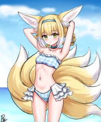 Rule 34 | 1girl, :o, absurdres, animal ear fluff, animal ears, arknights, armpits, arms behind head, arms up, bare arms, bare shoulders, bikini, blonde hair, blue bikini, blue hairband, blue sky, blush, braid, breasts, cloud, cloudy sky, collarbone, commentary, day, english commentary, fox ears, fox girl, fox tail, frilled bikini, frills, hair rings, hairband, highres, horizon, kitsune, looking at viewer, multicolored hair, navel, ocean, outdoors, parted lips, plaid, plaid bikini, rylaera, signature, sky, small breasts, solo, suzuran (arknights), swimsuit, tail, twin braids, two-tone hair, water, white hair