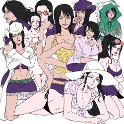 Rule 34 | 1girl, alternate costume, alternate hairstyle, arm up, bad id, bad twitter id, bandages, belt, bikini, black bikini, black hair, blue dress, breasts, center opening, character sheet, cleavage, closed eyes, coat, collarbone, collared shirt, cowboy hat, crop top, crossed arms, crying, crying with eyes open, dress, extra arms, eyewear on head, front-tie top, fur, glasses, groin, hair slicked back, hana hana no mi, hat, highres, jacket, kneeling, large breasts, laughing, long hair, long sleeves, lying, midriff, mike (tomatomato244), multiple persona, naked towel, navel, nico robin, nico robin (alabasta), official alternate costume, official alternate hairstyle, one eye closed, one piece, one piece film: gold, open mouth, pants, purple dress, purple headwear, purple pants, revealing clothes, shirt, short dress, short sleeves, side-tie bikini bottom, simple background, sleeveless, sleeveless dress, sleeveless shirt, sleeves rolled up, smile, sunglasses, sweatdrop, swimsuit, tears, towel, usopp, white background, white headwear, wink
