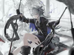 Rule 34 | 1girl, animal ear fluff, animal ears, arknights, bare legs, black coat, black footwear, black gloves, black skirt, blood, blood on face, blue eyes, boots, closed mouth, coat, dual wielding, feet out of frame, fire, gloves, grey hair, hair ornament, hairclip, highres, holding, holding sword, holding weapon, knee boots, lappland (arknights), lappland (refined horrormare) (arknights), long hair, long sleeves, looking at viewer, material growth, official alternate costume, open clothes, open coat, oripathy lesion (arknights), pleated skirt, purple fire, sankichi (croquette crab), scar, scar across eye, scar on face, sitting, sitting on stairs, skirt, smile, solo, stairs, statue, sword, upper body, very long hair, weapon, wolf ears