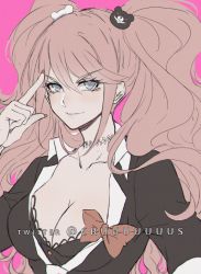 Rule 34 | 1girl, black shirt, blouse, blue eyes, bow, breasts, cleavage, collarbone, criis-chan, danganronpa: trigger happy havoc, danganronpa (series), enoshima junko, hair ornament, large breasts, long hair, looking at viewer, nail polish, noise, red bow, school uniform, shirt, smile, solo, symbol-only commentary, twintails, white neckwear