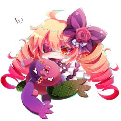 Rule 34 | 1girl, absurdly long hair, ahoge, blonde hair, bow, braid, closed mouth, commentary request, dress, eyepatch, fang, fang out, floral print, flower, full body, hair between eyes, hair bow, highres, long hair, muuran, orange eyes, pink ribbon, plaid, print eyepatch, purple bow, ribbon, rosalie (shironeko project), rose, rose print, sharp teeth, shironeko project, signature, simple background, solo, striped, striped bow, stuffed animal, stuffed toy, teardrop, teddy bear, teeth, twin braids, twintails, very long hair, white background, white dress, white flower, white rose