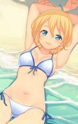 Rule 34 | 10s, 1girl, armpits, arms up, bangle, beach, bikini, blonde hair, blue eyes, blush, bracelet, braid, breasts, breasts apart, clenched hands, darjeeling (girls und panzer), from above, front-tie top, girls und panzer, groin, hair between eyes, jewelry, kame^^, looking at viewer, lying, navel, on back, open mouth, outdoors, partially submerged, side-tie bikini bottom, smile, solo, swimsuit, thigh gap, thighs, water, white bikini