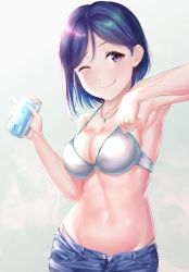 Rule 34 | 1girl, ;d, absurdres, alternate hairstyle, armpits, bare arms, bikini, blush, breasts, can, cleavage, collarbone, denim, drink, highres, holding, holding can, jewelry, large breasts, love live!, love live! sunshine!!, matsuura kanan, navel, necklace, one eye closed, open mouth, purple eyes, rama (yu-light8), short hair, sidelocks, smile, solo, sunlight, swimsuit, tongue, tongue out, white bikini