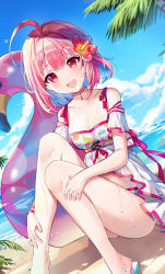 Rule 34 | 1girl, :d, ahoge, bare legs, bare shoulders, beach, blue hair, blue sky, blush, breasts, choker, cleavage, clothes writing, cloud, collarbone, day, dutch angle, feet out of frame, flower, hair flower, hair ornament, hibiscus, highres, idolmaster, idolmaster cinderella girls, inflatable flamingo, inflatable toy, knees up, kongya, medium breasts, multicolored hair, ocean, on ground, open mouth, outdoors, pink choker, pink hair, pink ribbon, red eyes, red flower, ribbon, short hair, short sleeves, sitting, sky, smile, solo, two-tone hair, water, wristband, yumemi riamu