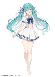 Rule 34 | 1girl, :d, ahoge, aqua eyes, aqua hair, aqua nails, bare arms, barefoot, blue bow, blue bowtie, blush, bow, bowtie, braid, breasts, buttons, collared shirt, commentary request, double-breasted, flower, full body, hair ribbon, hand up, hatsune miku, highres, long hair, looking at viewer, nail polish, open mouth, purple flower, purple ribbon, ribbon, shirt, short sleeves, sidelocks, simple background, skirt, small breasts, smile, solo, standing, star (symbol), thighs, tokki, twintails, vocaloid, white background, white shirt, white skirt, wing collar