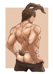 Rule 34 | 1boy, absurdres, animal ears, ardbert hylfyst, ass, ass cutout, aussummer, back, bara, blush, brown hair, brown pants, clothes pull, clothing cutout, cropped legs, embarrassed, final fantasy, final fantasy xiv, from behind, highres, jockstrap, kemonomimi mode, looking at viewer, male focus, male underwear, mature male, muscular, muscular male, nipples, pants, pants pull, pectorals, pulling own clothes, rabbit boy, rabbit ears, rabbit tail, short hair, sidepec, solo, tail, underwear, undressing, white male underwear