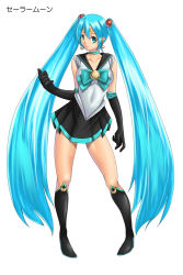 Rule 34 | 1girl, aqua eyes, aqua hair, bare legs, bishoujo senshi sailor moon, black gloves, boots, breasts, choker, contrapposto, cosplay, crescent, earrings, elbow gloves, full body, gloves, hair ornament, hatsune miku, jewelry, judge martin, knee boots, large breasts, long hair, pigeon-toed, sailor collar, sailor moon, sailor moon (cosplay), sailor senshi, sailor senshi (cosplay), simple background, skirt, solo, standing, twintails, unofficial sailor senshi uniform, very long hair, vocaloid, white background
