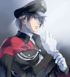 Rule 34 | 1boy, aiguillette, black hat, black jacket, blue eyes, blue hair, brown hair, buttons, cape, closed mouth, dressing, expressionless, getbackers, gloves, gradient hair, hat, highres, jacket, kakei juubei, long sleeves, looking at viewer, male focus, matching hair/eyes, military, military uniform, multicolored hair, papillon10, peaked cap, pocket, red cape, sleeve cuffs, solo, uniform, upper body, white gloves, wing collar