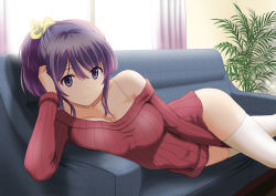 Rule 34 | 1girl, ass, between legs, bra strap, breasts, cleavage, collarbone, commentary request, couch, curtains, day, dress, feet out of frame, fern, hair between eyes, hair ribbon, hand between legs, highres, indoors, large breasts, long sleeves, looking at viewer, lying, off shoulder, on couch, on side, original, panties, pink panties, plant, ponytail, purple eyes, purple hair, ribbon, satou chagashi, sidelocks, smile, solo, sweater, sweater dress, thighhighs, underwear, white thighhighs, window, yellow ribbon