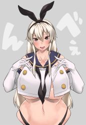 Rule 34 | 10s, 1girl, :p, aco (koaya ako), alternate breast size, areola slip, blonde hair, breasts, brown eyes, curvy, elbow gloves, gloves, grey background, highres, huge breasts, kantai collection, long hair, looking at viewer, midriff, navel, aged up, shimakaze (kancolle), simple background, skindentation, solo, tongue, tongue out, underboob, white gloves