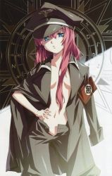 Rule 34 | 1girl, armband, blue eyes, breasts, dies irae, hat, highres, long hair, looking at viewer, military, military hat, military uniform, navel, no bra, open clothes, open shirt, red hair, rusalka schwagerin, shinza bansho series, shirt, unbuttoned, uniform