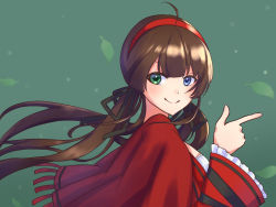 Rule 34 | 1girl, ahoge, black ribbon, blush, breasts, brown hair, dress, frilled dress, frilled sleeves, frills, furrowed brow, green background, hair between eyes, hair ornament, hair ribbon, hairband, heterochromia, leaf, leaf background, lemonrou, long hair, long sleeves, looking to the side, pointing, pointing to the side, red hairband, ribbon, ryoubi (senran kagura), senran kagura, shirt, simple background, smile, solo, twintails, upper body, white shirt