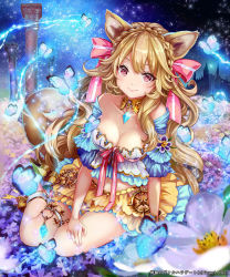 Rule 34 | 1girl, animal ears, arm support, bare shoulders, blonde hair, blue skirt, blush, braid, breasts, brooch, bug, butterfly, character request, chinese zodiac, cleavage, closed mouth, commentary request, detached collar, dog ears, dog girl, dress, field, flower, flower field, french braid, glowing butterfly, hair ribbon, highres, insect, jewelry, layered skirt, long hair, looking at viewer, medium breasts, midriff, navel, night, off-shoulder dress, off shoulder, pink ribbon, pisuke, red eyes, ribbon, shingoku no valhalla gate, short sleeves, sitting, skirt, sky, smile, solo, star (sky), starry sky, tail, thigh strap, very long hair, wavy hair, wing collar, year of the dog, yellow skirt