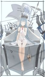 Rule 34 | 1girl, absurdres, azur lane, babydoll, barefoot, black panties, blue hair, cannon, censer, champagne (azur lane), closed eyes, closed mouth, commentary, covered navel, cross, crown, da (datako), dress, english commentary, floating headgear, full body, head tilt, headgear, headpiece, highres, holding, holding petal, lingerie, long hair, navel, panties, petals, rigging, see-through, sitting, sketch, smile, solo, straight hair, underwear, very long hair, white dress