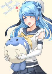 Rule 34 | 1girl, blue hair, blue sailor collar, blush, breasts, character name, closed eyes, creatures (company), double bun, elbow gloves, fangs, fangs out, game freak, gen 3 pokemon, gloves, hair bun, hat, highres, holding, kantai collection, large breasts, long hair, neckerchief, nintendo, no humans, open mouth, pleated skirt, pokemon, pokemon (creature), sailor collar, sailor hat, school uniform, seal (animal), serafuku, skirt, sleeves rolled up, smile, solo, spheal, urakaze (kancolle), wata nuki, white gloves, white hat, yellow background, yellow neckerchief