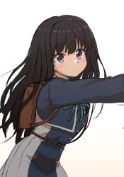 Rule 34 | 1girl, black hair, blue eyes, blue jacket, brown bag, closed mouth, expressionless, gradient background, green ribbon, grey skirt, highres, inoue takina, jacket, long hair, looking at viewer, lycoris recoil, pleated skirt, ribbon, school uniform, sho (wnmf3234), skirt, solo