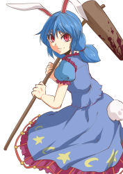 Rule 34 | 1girl, animal ears, blood, blood stain, blue hair, highres, incoming attack, kakao (noise-111), kine, mallet, rabbit ears, rabbit tail, red eyes, seiran (touhou), simple background, solo, tail, touhou