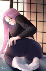 Rule 34 | 1girl, 2020, artist request, ass, backlighting, bent over, black sweater, blue pants, blush, breasts, closed mouth, dated, denim, fate/stay night, fate (series), feet, female focus, forehead, glasses, highres, jeans, kneeling, large breasts, long hair, long sleeves, looking at viewer, looking back, matching hair/eyes, medusa (fate), medusa (rider) (fate), official alternate costume, pants, parted bangs, purple eyes, purple hair, shouji, signature, sitting, sliding doors, smile, socks, solo, sweater, thighs, very long hair