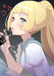 Rule 34 | 1girl, blonde hair, blunt bangs, blush, creatures (company), cum, cum in mouth, eyelashes, facial, from side, game freak, green eyes, hand on another&#039;s penis, heart, heart-shaped pupils, lillie (pokemon), long hair, nintendo, open mouth, pokemon, pokemon sm, pon tanuki (ga7fsrge9jxblaw), ponytail, raised eyebrows, sailor collar, shirt, short sleeves, solo, symbol-shaped pupils, tongue, tongue out, upper body, white shirt