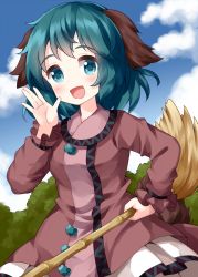 Rule 34 | 1girl, animal ears, bamboo broom, blue sky, breasts, broom, brown dress, cloud, cowboy shot, dog ears, dog tail, dress, green eyes, green hair, highres, holding, holding broom, kasodani kyouko, long sleeves, looking at viewer, open mouth, outdoors, ruu (tksymkw), short hair, sky, small breasts, smile, solo, standing, tail, touhou