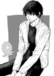 Rule 34 | 1boy, ajo cnsw, black hair, black shirt, chainsaw man, commentary, ear piercing, greyscale, jacket, looking at viewer, monochrome, multiple piercings, octopus, piercing, shirt, short hair, solo, symbol-only commentary, white jacket, yoshida hirofumi