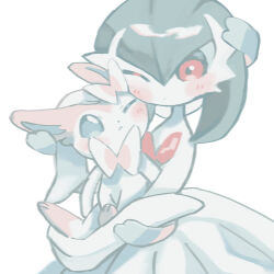 Rule 34 | 1girl, :&lt;, bare shoulders, blue sclera, blush, bob cut, bow, bowtie, cheek-to-cheek, closed mouth, colored sclera, colored skin, creatures (company), dot mouth, dress, elbow gloves, expressionless, eye contact, female focus, flat chest, game freak, gardevoir, gen 3 pokemon, gen 6 pokemon, gloves, green hair, hair between eyes, hair bow, heads together, highres, holding, holding pokemon, looking at another, mame (pixiv 57985908), mega gardevoir, mega pokemon, nintendo, one eye closed, pink bow, pink bowtie, pokemon, pokemon (creature), red eyes, ribbon, short hair, simple background, strapless, strapless dress, sylveon, white background, white dress, white eyes, white gloves, white ribbon, white skin