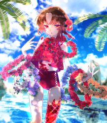 Rule 34 | 1girl, absurdres, beatrice (pixiv fantasia last saga), brown hair, chilcy35, cloud, day, flower, flower necklace, flower wreath, hair flower, hair ornament, hand up, hibiscus, highres, holding, holding flower, jewelry, lei, medium hair, nail polish, necklace, open mouth, outdoors, parted bangs, pixiv fantasia, pixiv fantasia last saga, red eyes, red nails, solo, sparkle, standing, swimsuit, water
