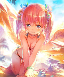 Rule 34 | 10s, 1girl, all fours, angel wings, beach, bikini, blue sky, breasts, choker, cleavage, collarbone, company name, day, feathers, flower, hair flower, hair ornament, heart, looking at viewer, lyrial (shingeki no bahamut), official art, outdoors, pink eyes, pink hair, ponzu (catponz), seashell, shell, shingeki no bahamut, sky, small breasts, smile, solo, sunlight, swimsuit, two side up, v arms, water, wet, wings, wristband