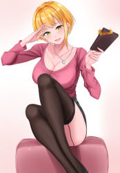 Rule 34 | 1girl, black footwear, black skirt, black thighhighs, blonde hair, blush, breasts, cardigan, cleavage, collarbone, gift, green eyes, hand up, high heels, highres, holding, holding gift, idolmaster, idolmaster cinderella girls, jewelry, legs up, looking at viewer, medium breasts, miyamoto frederica, nail polish, necklace, open mouth, pink background, pink cardigan, salute, shogun (a96040021), short hair, sitting, skirt, smile, solo, thighhighs, valentine