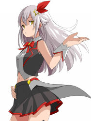 Rule 34 | 1girl, bare shoulders, blouse, bow, bowtie, buttons, grey hair, grey shirt, grey skirt, hair ornament, hair ribbon, hand on own hip, highres, hololive, kotoriinu, midriff, miniskirt, navel, red bow, red bowtie, red ribbon, ribbon, shirt, simple background, skirt, sleeveless, sleeveless shirt, solo, star (symbol), star hair ornament, tokino sora, tokino sora (1st costume), virtual youtuber, white background, wrist cuffs, yellow eyes, yoruno sora
