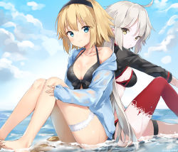Rule 34 | 2girls, ahoge, artist name, back-to-back, bad id, bad pixiv id, barefoot, bikini, black bikini, black jacket, blonde hair, blue eyes, blue jacket, blue sky, braid, breasts, cleavage, closed mouth, collarbone, day, fate/grand order, fate (series), front-tie top, hairband, highres, ishida umi, jacket, jeanne d&#039;arc alter (swimsuit berserker) (fate), jeanne d&#039;arc (fate), jeanne d&#039;arc (ruler) (fate), jeanne d&#039;arc (swimsuit archer) (fate), jeanne d&#039;arc (swimsuit archer) (first ascension) (fate), jeanne d&#039;arc alter (fate), jeanne d&#039;arc alter (swimsuit berserker) (fate), knee up, knees up, long braid, long hair, looking at viewer, medium breasts, multiple girls, open clothes, outdoors, red legwear, single braid, single thighhigh, sitting, sky, smile, swimsuit, thigh strap, thighhighs, thighs, unzipped, very long hair, wading, water, yellow eyes