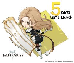 Rule 34 | 1girl, armor, ass, back, blonde hair, brown eyes, chibi, copyright name, copyright notice, countdown, english text, kisara (tales), leg armor, logo, long hair, mace, official art, open mouth, shield, solo, tales of (series), tales of arise, weapon