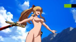 Rule 34 | 1girl, 3d, blonde hair, breasts, cleft of venus, cloud, cowboy shot, granblue fantasy, granblue fantasy versus, high ponytail, highres, long hair, medium breasts, nipples, nude, nude filter, outdoors, public indecency, red eyes, sky, solo, standing, sword, third-party edit, uncensored, vira (granblue fantasy), weapon, xxsjxx