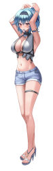 Rule 34 | 1girl, absurdres, adapted costume, alternate hairstyle, armband, armpit crease, armpits, arms up, black hairband, blue hair, blue shorts, blush, bracelet, breasts, brown eyes, closed mouth, denim, denim shorts, eula (genshin impact), full body, genshin impact, grey footwear, hair between eyes, hair ornament, hair tie in mouth, hairband, hands up, high heels, highres, jewelry, large breasts, looking at viewer, medium hair, mouth hold, navel, pearl bracelet, seemu (wnslqjdignv ), short shorts, shorts, sidelocks, simple background, smile, solo, stomach, swimsuit, thigh strap, white background
