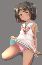 Rule 34 | 1girl, bare legs, black hair, blush, closed mouth, collarbone, comah, dress, green eyes, grey background, hair ornament, hairclip, kantai collection, neckerchief, panties, sailor collar, sailor dress, scirocco (kancolle), short hair, simple background, solo, striped clothes, striped panties, underwear, white dress, white sailor collar