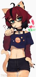 Rule 34 | 1girl, ?, aeiou (yoako), ahoge, animal ear fluff, animal ears, animal nose, black-framed eyewear, black hair, black shorts, body fur, candy, cat ears, cat girl, cat tail, choker, commentary, cowboy shot, crop top, ear piercing, english commentary, food, food in mouth, furry, furry female, glasses, hair between eyes, hair ornament, highres, layered sleeves, like and retweet, lollipop, long sleeves, looking at viewer, meme, midriff, multicolored hair, navel, original, piercing, power symbol-shaped pupils, red hair, short hair, short over long sleeves, short shorts, short sleeves, shorts, simple background, solo, streaked hair, symbol-shaped pupils, tail, twitter strip game (meme), two-tone hair, white background, x hair ornament, yoako