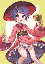 Rule 34 | 1girl, :o, absurdres, bare legs, blush, bowl, bowl hat, e sdss, feet out of frame, fingernails, flat chest, frills, hat, highres, holding, holding mallet, holding needle, japanese clothes, kimono, looking at viewer, lower teeth only, mallet, miracle mallet, needle, open mouth, petite, pink kimono, purple eyes, purple hair, simple background, solo, sukuna shinmyoumaru, teeth, touhou, v-shaped eyebrows, white background