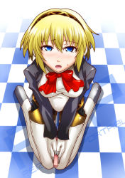 Rule 34 | 1girl, aegis (persona), android, atlus, blonde hair, blue eyes, blush, bow, breasts, chocolate, female focus, from above, full body, hairband, kneeling, open mouth, persona, persona 3, ribbon, segami daisuke, short hair, solo, valentine