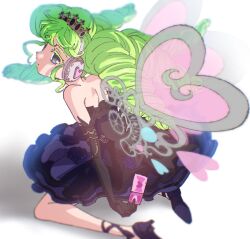 Rule 34 | 1girl, bare shoulders, black dress, black footwear, black gloves, closed mouth, colored eyelashes, commentary request, dress, drill hair, edamame (buruburu), elbow gloves, expressionless, falulu, full body, gears, gloves, green hair, grey eyes, headphones, heart, high heels, highres, holding ticket, idol clothes, long hair, looking at viewer, looking back, pretty series, pripara, priticket, sidelocks, sitting, solo, tiara, twin drills, twintails, wariza, wings