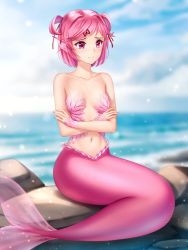 Rule 34 | 1girl, artist name, bare arms, bare shoulders, blurry, blurry background, blush, breasts, closed mouth, collarbone, commentary, crossed arms, day, depth of field, doki doki literature club, english commentary, fins, gigamessy, hair ornament, hair ribbon, hairclip, head fins, looking afar, looking away, mermaid, monster girl, natsuki (doki doki literature club), navel, ocean, outdoors, pink eyes, pink hair, red ribbon, ribbon, rock, scales, short hair, sitting, small breasts, smile, solo, stomach, swept bangs, two side up, water