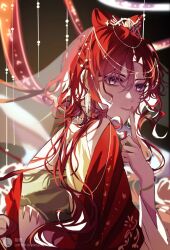 Rule 34 | 1girl, chengyuanzhaiding, dress, earrings, hearts (i became a god in a horror game), highres, i became a god in a horror game, japanese clothes, jewelry, kimono, long hair, looking at viewer, ponytail, red dress, red hair, solo