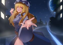 Rule 34 | 1girl, artist name, bad id, bad pixiv id, beckoning, belt, blonde hair, blue dress, bow, breasts, city, city lights, collared shirt, dress, earth (planet), foreshortening, hand up, hat, hat bow, highres, light, long hair, long sleeves, looking at viewer, looking back, mob cap, night, open mouth, outstretched arm, outstretched hand, pavement, planet, pov, pov hands, road, septet (zrca janne), shirt, side slit, solo, space, star (sky), street, thighs, tongue, touhou, vanishing point, watatsuki no toyohime, wide sleeves, yellow eyes