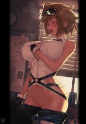 Rule 34 | 2girls, bare arms, black gloves, window blinds, blue shorts, breasts, brown hair, closed eyes, clothes pull, commission, cowboy shot, crotch rub, eyewear on head, female masturbation, fumato, girls&#039; frontline, gloves, grabbing own breast, grizzly mkv (girls&#039; frontline), hair between eyes, hand under clothes, highres, indoors, large breasts, masturbation, multiple girls, open mouth, peeking through fingers, pussy, pussy juice, shirt, short hair, shorts, shorts pull, sleeveless, sleeveless shirt, solo focus, standing, sunglasses, sweat, table humping, teeth, uncensored, upper teeth only, welrod mkii (girls&#039; frontline), white shirt