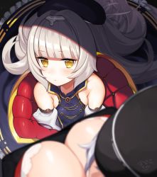 Rule 34 | 2girls, azur lane, bare shoulders, beret, black hat, blue dress, blunt bangs, blurry, blurry foreground, blush, breasts, cleavage, closed mouth, commentary request, depth of field, detached sleeves, dress, expressionless, flat chest, frilled dress, frills, from above, graf zeppelin (azur lane), hair ornament, hair ribbon, hat, highres, kinsenka momi, large breasts, long hair, looking at viewer, mole, mole under eye, multiple girls, ribbon, shade, shiny skin, sidelocks, signature, silver hair, solo focus, very long hair, white ribbon, yellow eyes, z46 (azur lane)