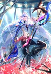 Rule 34 | 1boy, ahoge, bishounen, black pants, canata katana, center frills, character name, fate/grand order, fate (series), field, flower, flower field, flower knot, frills, full body, hair between eyes, hair ornament, highres, holding, holding staff, holding weapon, hood, hood down, hooded robe, long hair, long sleeves, looking at viewer, male focus, merlin (fate), multicolored hair, pants, parted lips, petals, pink ribbon, purple eyes, ribbon, robe, solo, staff, tassel, turtleneck, two-tone hair, very long hair, weapon, white hair, white robe, wide sleeves