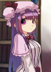 Rule 34 | 1girl, :t, blue ribbon, book, bookshelf, bow, bowtie, commentary request, dress, hashiro, hat, hat ribbon, indoors, long hair, long sleeves, looking at viewer, mob cap, one-hour drawing challenge, patchouli knowledge, pink hat, purple eyes, purple hair, red bow, red bowtie, red ribbon, ribbon, solo, striped clothes, striped dress, touhou, upper body, white dress