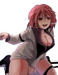 Rule 34 | 1girl, blush, breasts, checkered clothes, checkered shirt, cleavage, horikawa raiko, large breasts, open collar, pulling, red eyes, red hair, shiba yuuki, shirt, short hair, solo, thighs, touhou, white background