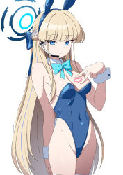 Rule 34 | 1girl, animal ears, bare shoulders, blonde hair, blue archive, blue bow, blue eyes, blue hair, blue hairband, blue leotard, bow, braid, breasts, cleavage, closed mouth, collar, commentary request, covered navel, detached collar, fake animal ears, female focus, groin, hair bow, hairband, halo, headset, heijialan, highleg, highleg leotard, highres, leotard, light smile, long hair, looking at viewer, medium breasts, multicolored hair, playboy bunny, rabbit ears, simple background, solo, standing, strapless, strapless leotard, streaked hair, toki (blue archive), toki (bunny) (blue archive), very long hair, white background, white collar, wing collar, wrist cuffs