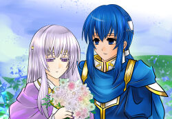 Rule 34 | 1boy, 1girl, blue cape, blue eyes, blue hair, brother and sister, cape, circlet, fire emblem, fire emblem: genealogy of the holy war, flower, headband, holding, holding flower, julia (fire emblem), nintendo, ponytail, purple cape, purple eyes, purple hair, seliph (fire emblem), siblings, squinting, unanamikan, white headband