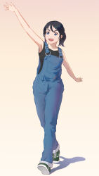 Rule 34 | 1girl, :d, absurdres, arm up, black hair, black shirt, blue eyes, blue overalls, denim, green footwear, highres, kimi wa houkago insomnia, loqpak, magari isaki, open mouth, overalls, ponytail, shirt, shoes, short hair, sleeveless, smile, sneakers, solo, walking, white background